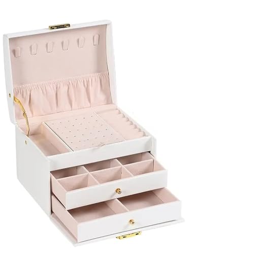 PPQIRU Schmuckschatulle, multifunktional, dreilagiges Leder, Schubladenstil, Ohrringe, Schloss(White) von PPQIRU