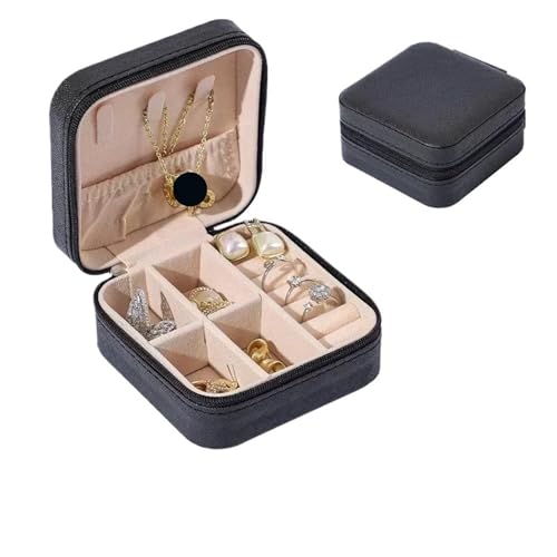 PPQIRU Tragbare Schmuck-Aufbewahrungsbox, Mini-Reise-Schmuck-Reißverschluss-Etui, Ohrringe, Halskette, Ring, Schmuckschatulle, Leder-Aufbewahrung(Black) von PPQIRU