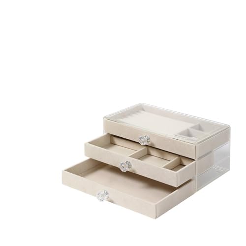 PPQIRU Transparente dreischichtige Flanell-Schmuckschatulle, Schublade, Schmuckschatulle, Ohrring-Halskette, Ring-Display, Aufbewahrungsbox(Beige) von PPQIRU