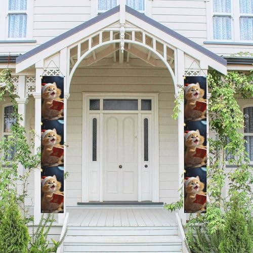 2 Stück Frühling Sommer Willkommen Veranda Banner hängende Flagge Veranda Schild für Haustür Wand Veranda Banner niedliche Katze singt Weihnachtslieder Willkommensbanner Wandhintergrund von PPTHSNVB
