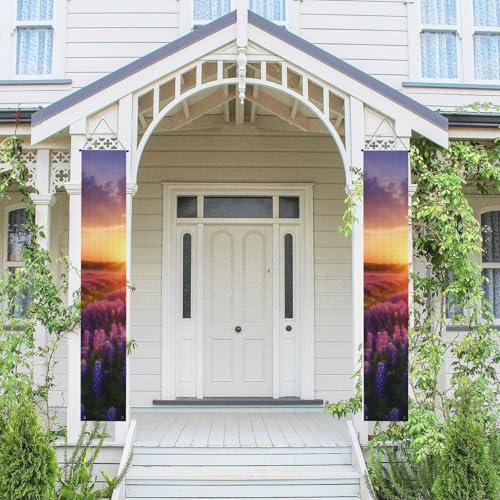 2 Stück Frühling-Sommer-Willkommensbanner zum Aufhängen, Flagge, Veranda-Schild für Haustür, Wand, Veranda, Banner, Lavendel, Wiese bei Sonnenuntergang, Frühling, Willkommensbanner, Wandhintergrund von PPTHSNVB