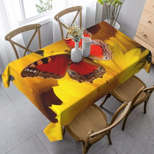 PPTHSNVB Rechteckige Tischdecke, auslaufsicher, knitterfrei, dekorativer Stoff, Bauernhaus-Tischdecken, gelbe Sonnenblumen mit rotem Schmetterling, wasserdicht, Esstischabdeckung für Bankett, 89 x 140 PPTHSNVB Rechteckige Tischdecke, auslaufsicher, knitterfrei, dekorativer Stoff, Bauernhaus-Tischdecken, gelbe Sonnenblumen mit rotem Schmetterling, wasserdicht, Esstischabdeckung für Bankett, 89 x 140 von PPTHSNVB