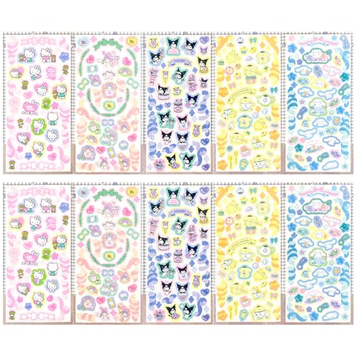 Kitty Sticker,10 Stück Sanrio Sticker,Kuromi Sticker,Cinnamoroll Sticker,Sanrio Aufkleber,Kawaii Cute Anime Cat Sticker,Sanrio Wasserdichte Sticker,PQKL-party für Kinder Teens Mädchen Stickers von PQKL-party