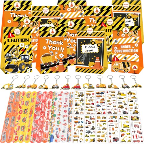 PQKL-Party Baustelle Mitgebsel Kindergeburtstag - Geschenktüten, Schlüsselanhänger, Schnapparmband, Tattoos Aufkleber von PQKL-party