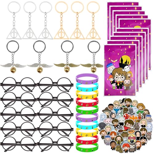 PQKL-party 90 Stück Harry Pott Geschenk-Set,Magisches Thema Geburtstagsfeier Set,EnthäLt 10 Gläser,10geschenktüten,10 Silikon Armbänder,50 Stickers,10 Schlüsselanhänger, Karikatur Party Mitgebsel Set von PQKL-party