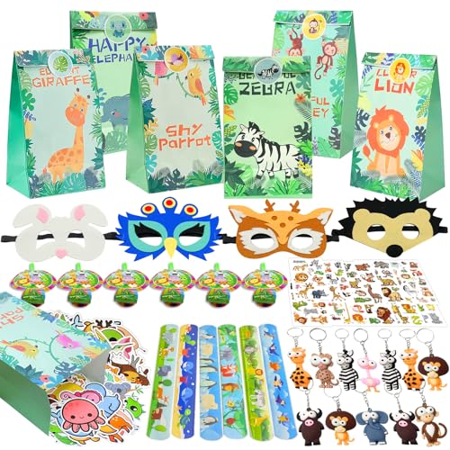 PQKL-Party 140 Dschungel Tiere Party Mitgebsel Set - Geschenk Tüten, Schlüsselanhänger, Masken, Sticker, Blasender Drache, Zubehör PQKL-Party 140 Dschungel Tiere Party Mitgebsel Set - Geschenk Tüten, Schlüsselanhänger, Masken, Sticker, Blasender Drache, Zubehör von PQKL-party