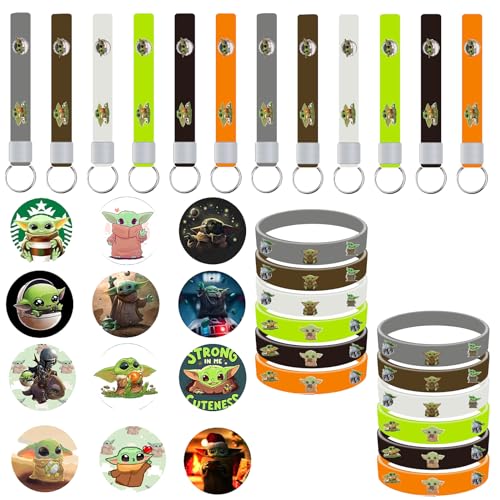 Yoda Party Mitgebsel, 36pcs Yoda Kindergeburtstag 12 Yoda Schlüsselanhänger,12 Yoda Silikonarmband,12 Abzeichen,PQKL-party S-tar Wars Mitgebsel Kindergeburtstag Belohnungen Geschenk für Mädchen Jungen von PQKL-party