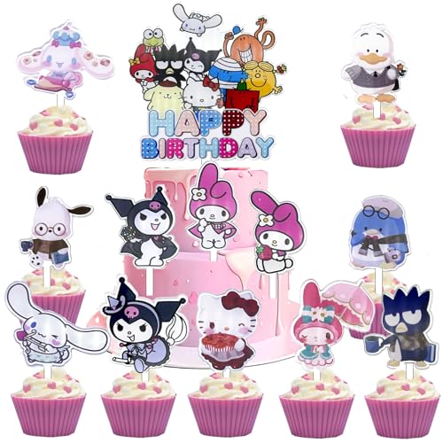 Kitty Tortendeko, Kitty Kuchen Deko, 13Pcs Sanrio Tortendeko Hello Cat Kitty Kuromi Cupcake Toppers, PQKL-party Kitty Geburtstagsdeko Acryl Tortendeko, Kitty Deko Kindergeburtstag Kuchen Decoration von PQKL-party