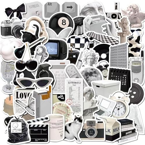 Sticker Aesthetic,Schwarz und Weiß Einfache Vinyl Aufkleber für Laptop,61 Stück DIY Dekorieren Skateboard Computer Telefon Aufkleber für Kinder Mädchen Jugendliche（Schwarz und Weiß) von PQLQ