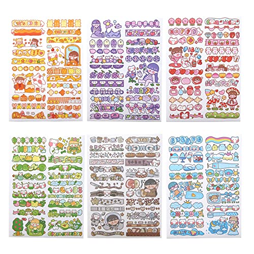 PQLQ 6Sheets Mini-Etiketten Cartoon Aufkleber， Kawaii Stickers ，Deko Sticker für DIY Handwerkbook Bleistifte und Kugelschreiber Scrapbooking Album Planer Journal Kunst von PQLQ