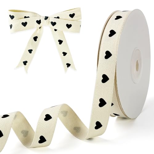 PQZKLDP Baumwollband mit Fischgrätenmuster, natürliches Köperband für individuelle Geschenkverpackungen und Bastelarbeiten, 1,6 cm x 13,7 m, schwarzer Herzdruck PQZKLDP Baumwollband mit Fischgrätenmuster, natürliches Köperband für individuelle Geschenkverpackungen und Bastelarbeiten, 1,6 cm x 13,7 m, schwarzer Herzdruck von PQZKLDP
