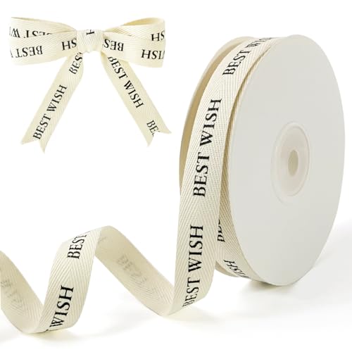 PQZKLDP Baumwollband mit Fischgrätenmuster, natürliches Köperband für individuelle Geschenkverpackungen und Bastelarbeiten, 1,6 cm x 13,7 m – Aufdruck "Best Wish" von PQZKLDP