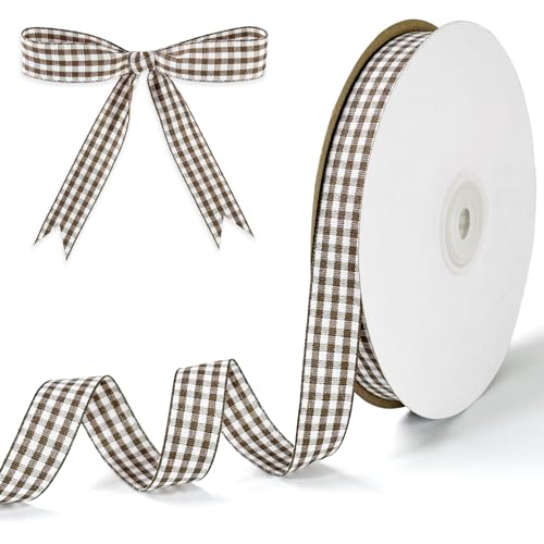 PQZKLDP Braunes und weißes Gingham-Band, 1,6 cm x 45,7 m, Büffelkariertes Polyester-Bastelband mit gewebtem Rand für Geschenkverpackungen, Haarschleifen, Weihnachtsdekoration und Bastelarbeiten von PQZKLDP