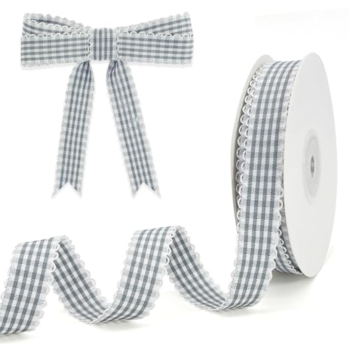 PQZKLDP Kariertes Band mit Gingham-Muster, 1,6 cm x 20 m, 100 % Polyester, kariertes Band für Geschenkverpackungen, Blumensträuße, Kränze, Weihnachten, Heim- und Party-Dekoration, Bastelband (Gary) von PQZKLDP