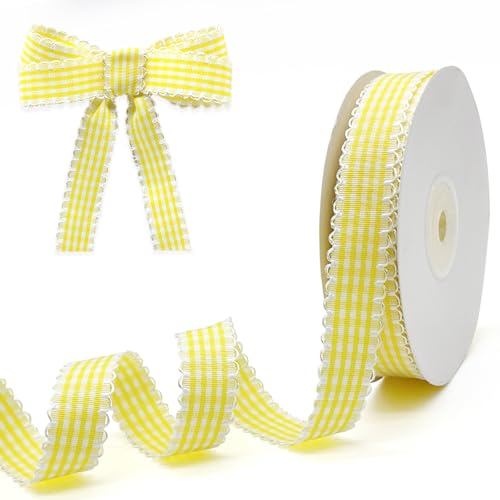 PQZKLDP Kariertes Band mit Gingham-Muster, 1,6 cm x 20 m, 100 % Polyester, kariertes Band für Geschenkverpackungen, Blumensträuße, Kränze, Weihnachten, Heim- und Party-Dekoration, Bastelband (Gelb PQZKLDP Kariertes Band mit Gingham-Muster, 1,6 cm x 20 m, 100 % Polyester, kariertes Band für Geschenkverpackungen, Blumensträuße, Kränze, Weihnachten, Heim- und Party-Dekoration, Bastelband (Gelb von PQZKLDP