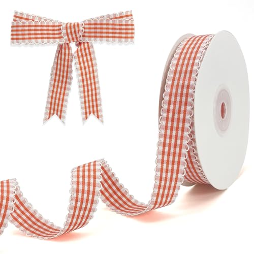 PQZKLDP Kariertes Band mit Vichy-Muster, 1,6 cm x 20 m, 100 % Polyester, kariertes Band für Geschenkverpackungen, Blumensträuße, Kränze, Weihnachten, Zuhause und Party, Dekoration, Bastelband (Orange) PQZKLDP Kariertes Band mit Vichy-Muster, 1,6 cm x 20 m, 100 % Polyester, kariertes Band für Geschenkverpackungen, Blumensträuße, Kränze, Weihnachten, Zuhause und Party, Dekoration, Bastelband (Orange) von PQZKLDP