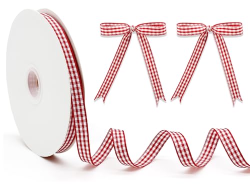 PQZKLDP Rot-weißes Gingham-Band, 0,95 cm x 45,7 m, Büffelkariertes Polyester-Bastelband mit gewebtem Rand für Geschenkverpackungen, Haarschleifen, Weihnachtsdekoration und Bastelarbeiten von PQZKLDP