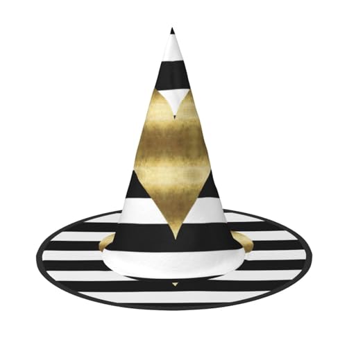 Goldfarbener Herz-Streifen-Druck, Halloween, breite Krempe, faltbar, geeignet für Cosplay, Maskerade und Karneval, 1 Stück Goldfarbener Herz-Streifen-Druck, Halloween, breite Krempe, faltbar, geeignet für Cosplay, Maskerade und Karneval, 1 Stück von PQruop