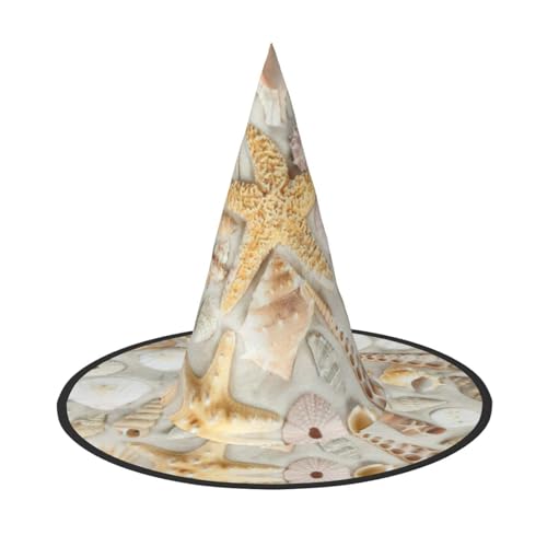 Muscheln Seestern auf weißem Sanddruck, Halloween, breite Krempe, faltbarer Hut, geeignet für Cosplay, Maskerade und Karneval, 1 Stück Muscheln Seestern auf weißem Sanddruck, Halloween, breite Krempe, faltbarer Hut, geeignet für Cosplay, Maskerade und Karneval, 1 Stück von PQruop