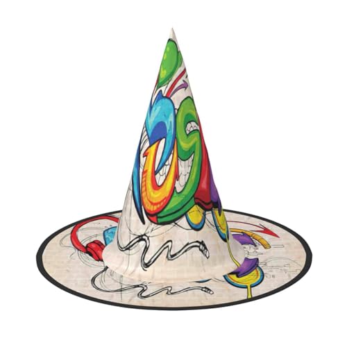 Musik-Graffiti-Stil, Druck, Halloween, breite Krempe, faltbarer Hut, geeignet für Cosplay, Maskerade und Karneval, 1 Stück von PQruop