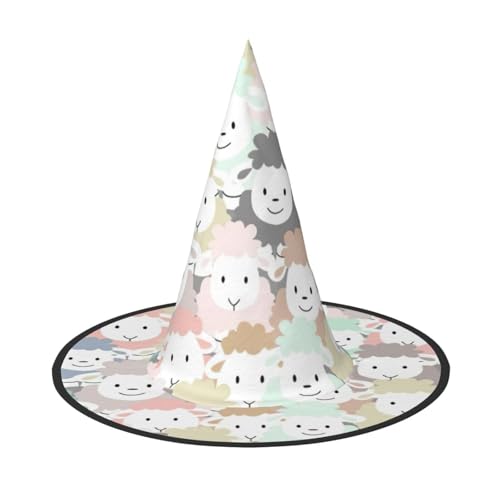 Niedlicher farbenfroher Schaf, Cartoon-Muster, Halloween, breite Krempe, faltbarer Hut, geeignet für Cosplay, Maskerade und Karneval, 1 Stück von PQruop