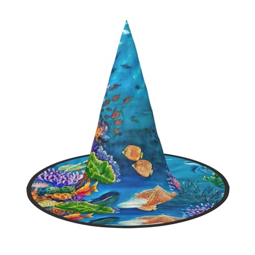 Ozean-Meereschildkröte, tropischer Fisch, Seestern-Druck, Halloween, breite Krempe, faltbarer Hut, geeignet für Cosplay, Maskerade und Karneval, 1 Stück Ozean-Meereschildkröte, tropischer Fisch, Seestern-Druck, Halloween, breite Krempe, faltbarer Hut, geeignet für Cosplay, Maskerade und Karneval, 1 Stück von PQruop