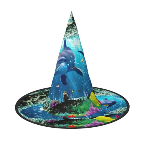 Ozean-Unterwasser-Delfin-Fisch-Druck, Halloween, breite Krempe, faltbarer Hut, geeignet für Cosplay, Maskerade und Karneval, 1 Stück von PQruop