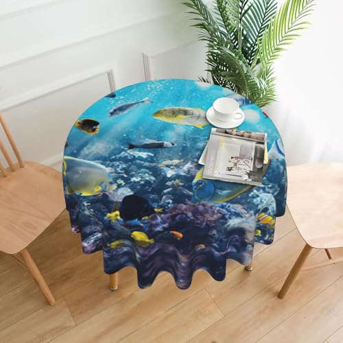 PQruop Bunte 3D-Tischdecke mit Meereslandschaft unter Wasser tropischer Fische, elegante runde Tischdecke für Partys, Terrasse und Camping, Abdeckung für den Innen- und Außenbereich von PQruop