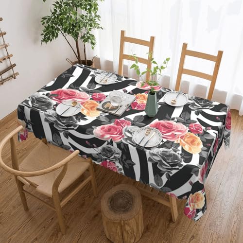 PQruop Elegante rechteckige Tischdecke mit Rosen, Zebrastreifen, perfekt für Ess-, Picknick-, Kamin- und Partytische von PQruop