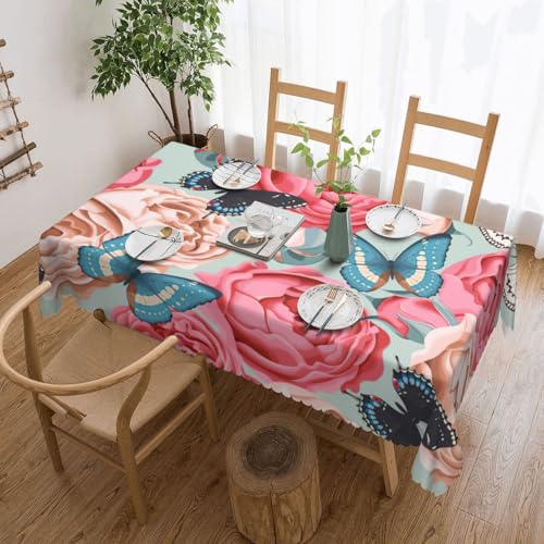 PQruop Elegante rechteckige Tischdecke mit niedlichem Schmetterlings-Blumendruck, perfekt für Esszimmer, Picknick, Kamin und Partytische von PQruop