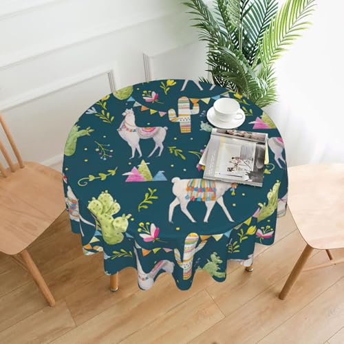 PQruop Elegante runde Tischdecke mit Lama-Tier-Alpaka-Motiv, tropischer Kaktus, für Partys, Terrasse und Camping, Abdeckung für den Innen- und Außenbereich von PQruop