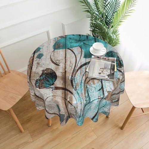 PQruop Elegante runde Tischdecke mit blaugrünen Blumen auf Holzdielen, für Partys, Terrasse und Camping, Abdeckung für den Innen- und Außenbereich PQruop Elegante runde Tischdecke mit blaugrünen Blumen auf Holzdielen, für Partys, Terrasse und Camping, Abdeckung für den Innen- und Außenbereich von PQruop