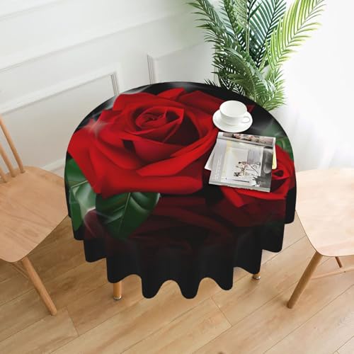 PQruop Elegante runde Tischdecke mit roten Rosen für Partys, Terrasse und Camping, Abdeckung für den Innen- und Außenbereich von PQruop