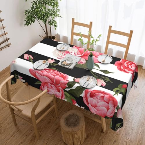 PQruop Schwarz-weiß gestreifte Tischdecke mit Blumendruck, elegant, rechteckig, perfekt für Esszimmer, Picknick, Kamin und Partytische von PQruop