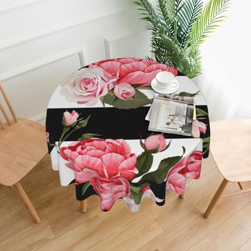 PQruop Schwarz-weiß gestreifte Tischdecke mit Blumendruck, elegant, rund, für Partys, Terrasse und Camping, Abdeckung für den Innen- und Außenbereich PQruop Schwarz-weiß gestreifte Tischdecke mit Blumendruck, elegant, rund, für Partys, Terrasse und Camping, Abdeckung für den Innen- und Außenbereich von PQruop