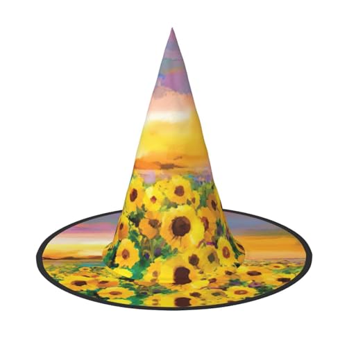 Wunderschöner Sonnenblumenfeld, Sonnenuntergang-Druck, Halloween, breite Krempe, faltbarer Hut, geeignet für Cosplay, Maskerade und Karneval, 1 Stück von PQruop
