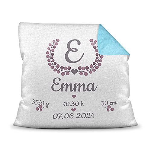 Kissen mit Füllung - mit Geburtsdaten personalisieren - Babygeschenk für Mädchen, Geschenk zur Geburt oder Taufe, Geburtskissen, Namenskissen fürs Baby I Farbkissen Rückseite Hellblau, 40x40 cm Kissen mit Füllung - mit Geburtsdaten personalisieren - Babygeschenk für Mädchen, Geschenk zur Geburt oder Taufe, Geburtskissen, Namenskissen fürs Baby I Farbkissen Rückseite Hellblau, 40x40 cm von PR Print Royal