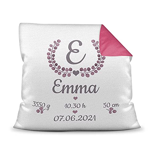 Kissen mit Füllung - mit Geburtsdaten personalisieren - Babygeschenk für Mädchen, Geschenk zur Geburt oder Taufe, Geburtskissen, Namenskissen fürs Baby I Farbkissen Rückseite Pink, 40x40 cm von PR Print Royal