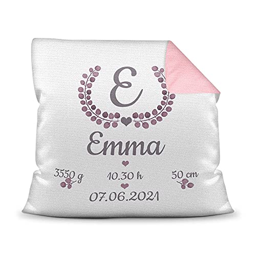 Kissen mit Füllung - mit Geburtsdaten personalisieren - Babygeschenk für Mädchen, Geschenk zur Geburt oder Taufe, Geburtskissen, Namenskissen fürs Baby I Farbkissen Rückseite Rosa, 40x40 cm von PR Print Royal