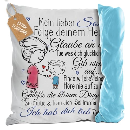 PR Print Royal Flauschiges Kissen mit Spruch inkl. Füllung - von Mama für den Sohn - Geschenke für Sohn von Mutter, Sohn Geschenk für Kinder, Kindergeschenke, Rückseite Hellblau, 40x40cm von PR Print Royal