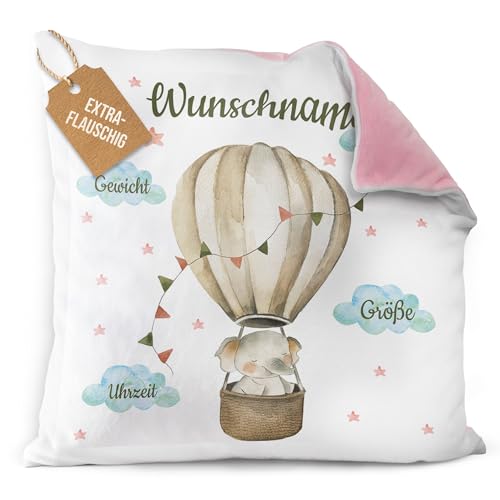 PR Print Royal Flauschiges Kissen zur Geburt - Elefant im Heißluftballon - Geschenk zur Geburt mit Name und Geburtsdaten Personalisieren | 40 x 40 cm, Rückseite Rosa Flauschig PR Print Royal Flauschiges Kissen zur Geburt - Elefant im Heißluftballon - Geschenk zur Geburt mit Name und Geburtsdaten Personalisieren | 40 x 40 cm, Rückseite Rosa Flauschig von PR Print Royal