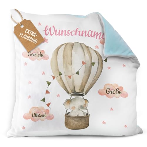 PR Print Royal Flauschiges Kissen zur Geburt personalisiert - Elefant im Heißluftballon - Geschenk zur Geburt mit Name und Geburtsdaten | 40 x 40 cm, Rückseite Hellblau Flauschig PR Print Royal Flauschiges Kissen zur Geburt personalisiert - Elefant im Heißluftballon - Geschenk zur Geburt mit Name und Geburtsdaten | 40 x 40 cm, Rückseite Hellblau Flauschig von PR Print Royal