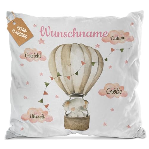 PR Print Royal Flauschiges Kissen zur Geburt personalisiert - Elefant im Heißluftballon - Geschenk zur Geburt mit Name und Geburtsdaten | 40 x 40 cm, Weiß Flauschig PR Print Royal Flauschiges Kissen zur Geburt personalisiert - Elefant im Heißluftballon - Geschenk zur Geburt mit Name und Geburtsdaten | 40 x 40 cm, Weiß Flauschig von PR Print Royal