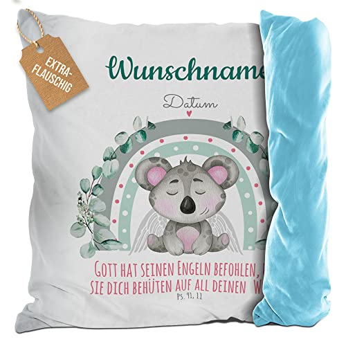 PR Print Royal Flauschiges Kissen zur Taufe mit Name & Datum - Koala - Gott hat seinen Engeln befohlen - Grün, Geschenk zur Taufe, personalisierte Taufgeschenke | mit Kissenfüllung, Rückseite Hellblau PR Print Royal Flauschiges Kissen zur Taufe mit Name & Datum - Koala - Gott hat seinen Engeln befohlen - Grün, Geschenk zur Taufe, personalisierte Taufgeschenke | mit Kissenfüllung, Rückseite Hellblau von PR Print Royal