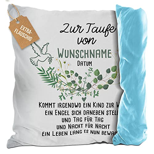 PR Print Royal Flauschiges Kissen zur Taufe mit Name & Datum - Kommt EIN Kind zur Welt - Geschenke zur Taufe, personalisierte Taufgeschenke Patenkind | inkl. Kissenfüllung, Rückseite Hellblau von PR Print Royal