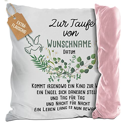 PR Print Royal Flauschiges Kissen zur Taufe mit Name & Datum - Kommt EIN Kind zur Welt - Geschenke zur Taufe, personalisierte Taufgeschenke Patenkind | inkl. Kissenfüllung, Rückseite Rosa, 40 x 40 cm von PR Print Royal