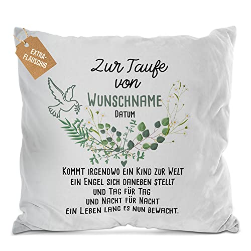 PR Print Royal Flauschiges Kissen zur Taufe mit Name & Datum - Kommt EIN Kind zur Welt - Geschenke zur Taufe, personalisierte Taufgeschenke Patenkind | inkl. Kissenfüllung, Weiß, 40 x 40 cm von PR Print Royal