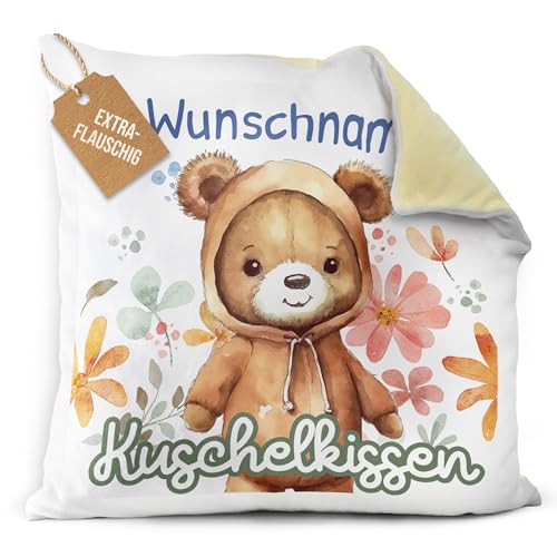 PR Print Royal Flauschiges Kuschel-Kissen für Kinder mit Füllung mit Name selbst gestalten - Bär Kissen für Mädchen und Jungs, Kinderkissen mit Name | 40 x 40 cm, Rückseite Gelb Flauschig von PR Print Royal