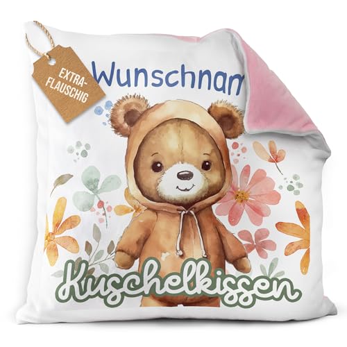 PR Print Royal Flauschiges Kuschel-Kissen für Kinder mit Füllung mit Name selbst gestalten - Bär Kissen für Mädchen und Jungs, Kinderkissen mit Name | 40 x 40 cm, Rückseite Rosa Flauschig von PR Print Royal