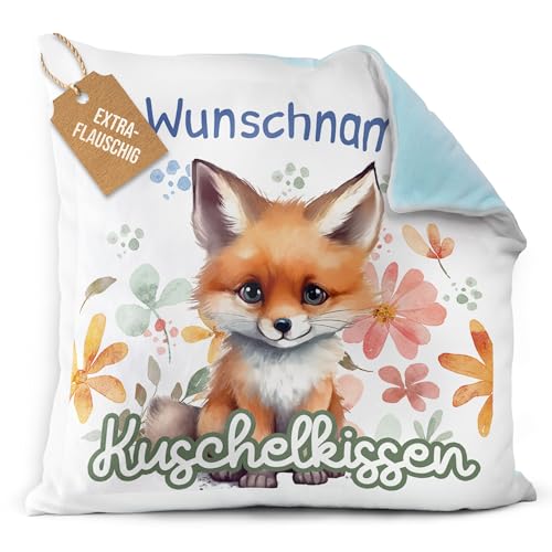 PR Print Royal Flauschiges Kuschel-Kissen für Kinder mit Füllung mit Name selbst gestalten - Fuchs Kissen für Mädchen und Jungs, Kinderkissen mit Name | 40 x 40 cm, Rückseite Hellblau Flauschig von PR Print Royal